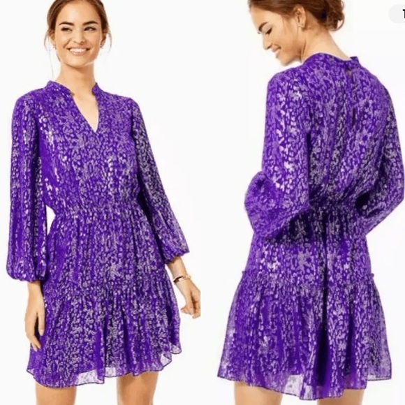 Lilly Pulitzer NWT Joella Silk Dress Purple Wildside Metallic Dress Size 0 - Picture 1 of 5